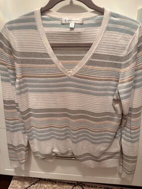 Brooks Brothers Pastel Striped V-Neck Sweater in White, Light Blue, Gray